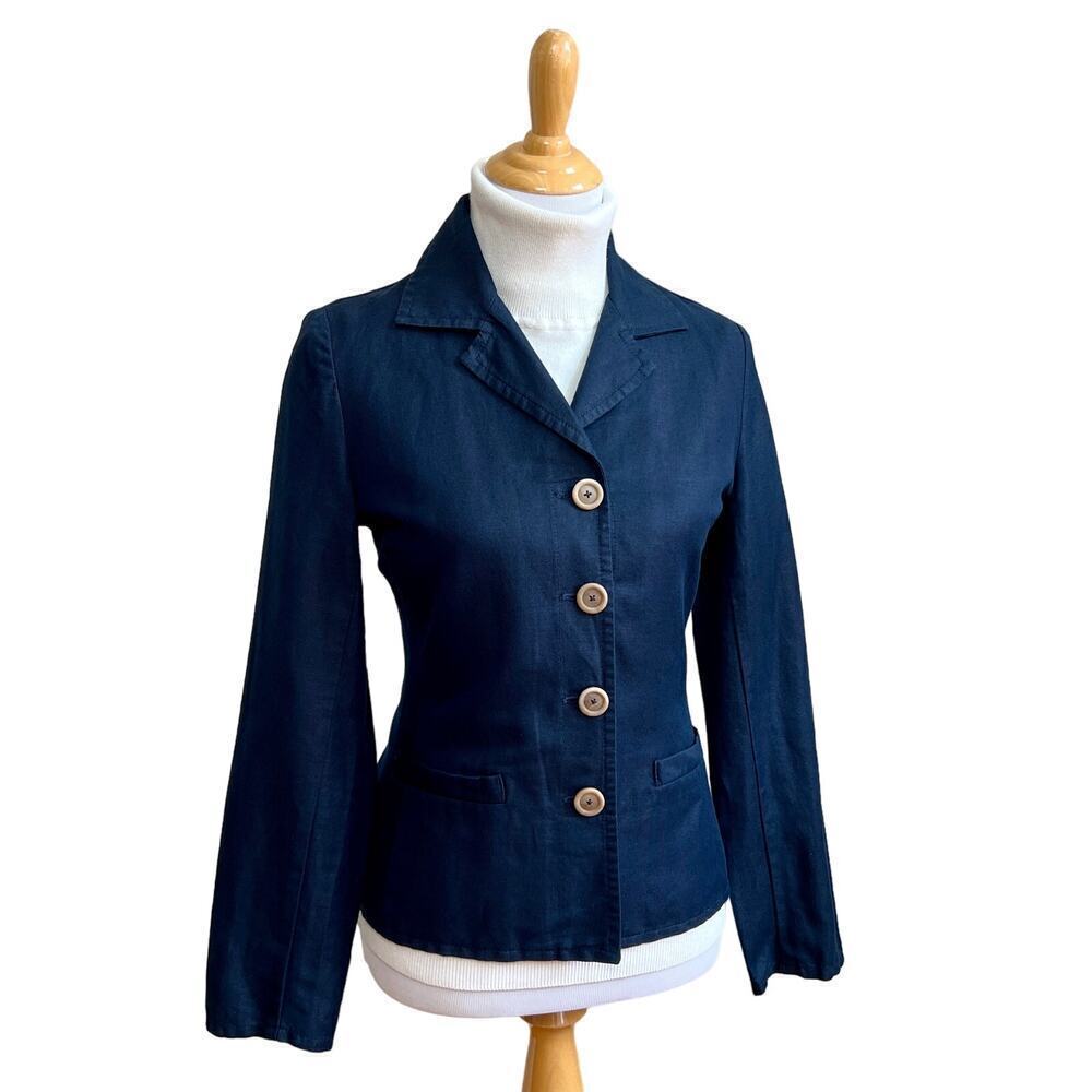 Vintage Talbots Irish Linen Jacket 10P Navy Blue Single Breasted Womens Blazer